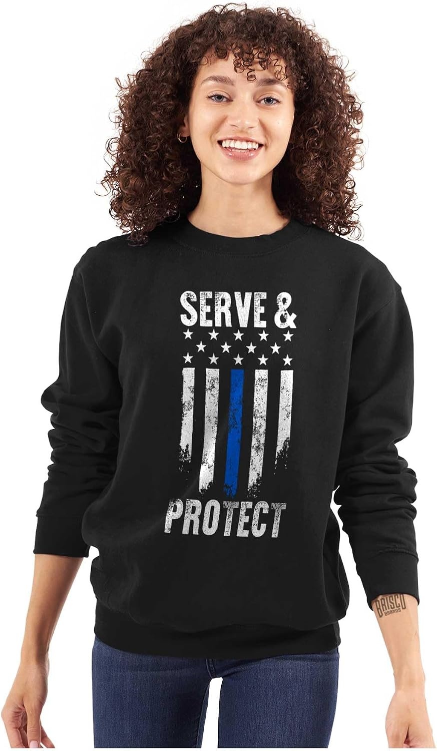 image:imageBrisco Brands Protect and Serve Blue Line USA Flag Sweatshirt for Men or WomenBlack