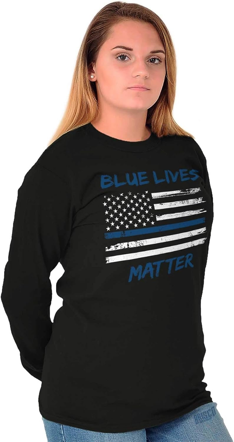 image:imageBrisco Brands Support Blue Line American Flag Long Sleeve Tshirt Men WomenBlack