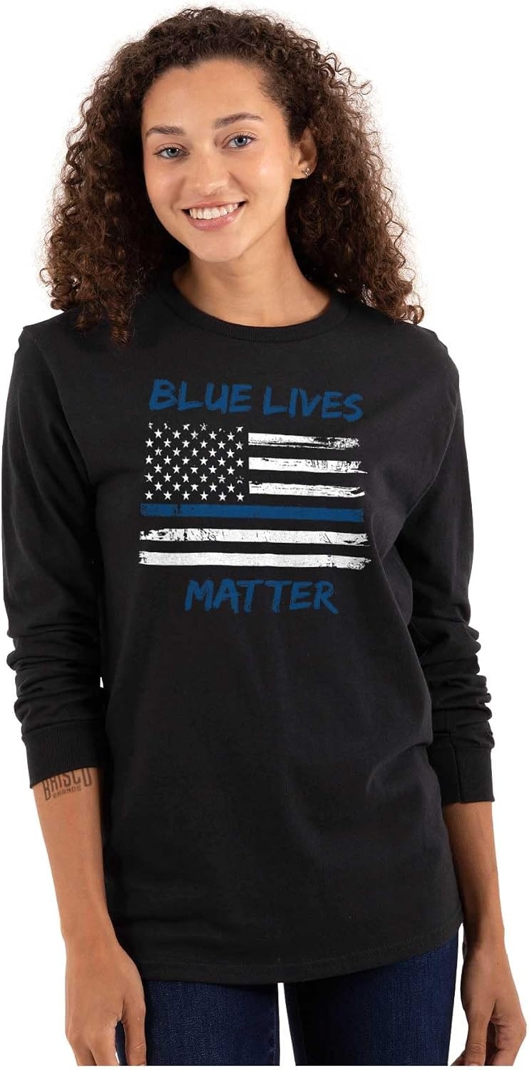 image:imageBrisco Brands Support Blue Line American Flag Long Sleeve Tshirt Men WomenBlack