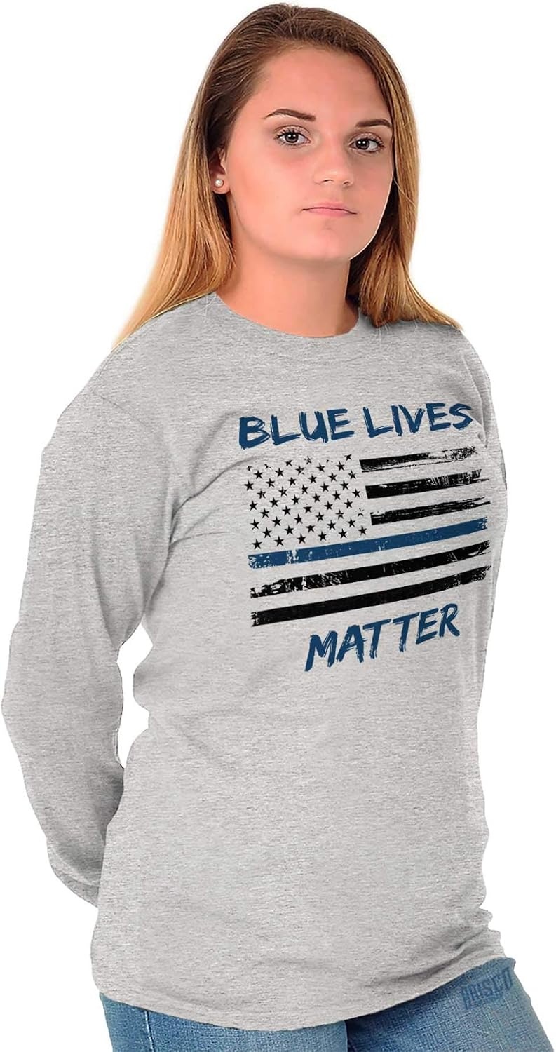 image:imageBrisco Brands Support Blue Line American Flag Long Sleeve Tshirt Men WomenSport Grey