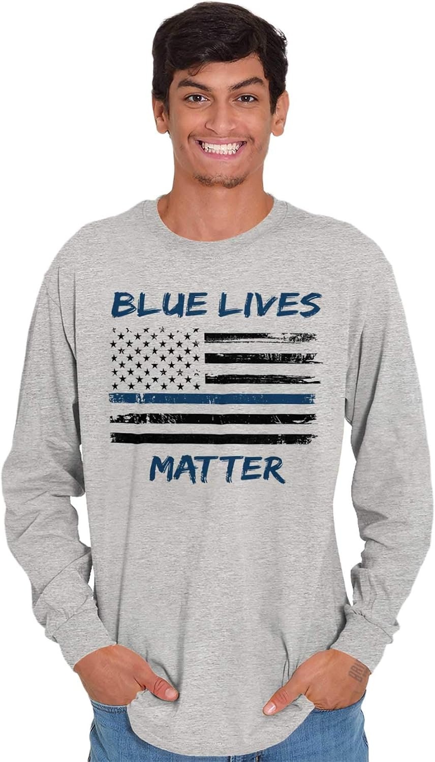 image:imageBrisco Brands Support Blue Line American Flag Long Sleeve Tshirt Men WomenSport Grey