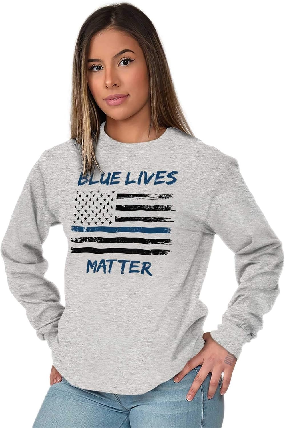 image:imageBrisco Brands Support Blue Line American Flag Long Sleeve Tshirt Men WomenSport Grey