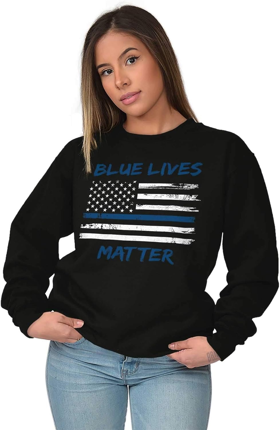 image:imageBrisco Brands Support Blue Line American Flag Sweatshirt for Men or WomenBlack