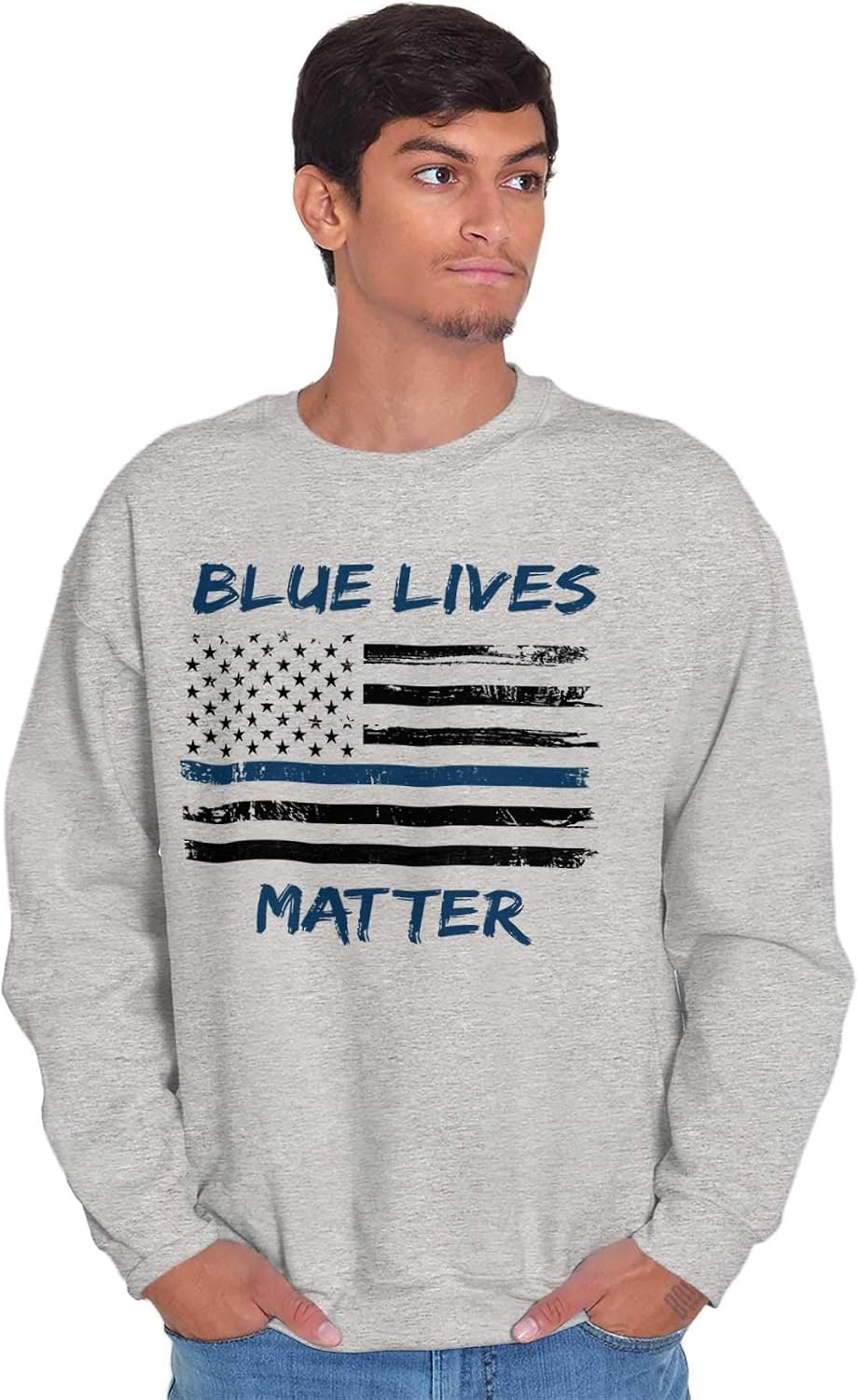 image:imageBrisco Brands Support Blue Line American Flag Sweatshirt for Men or WomenSport Grey
