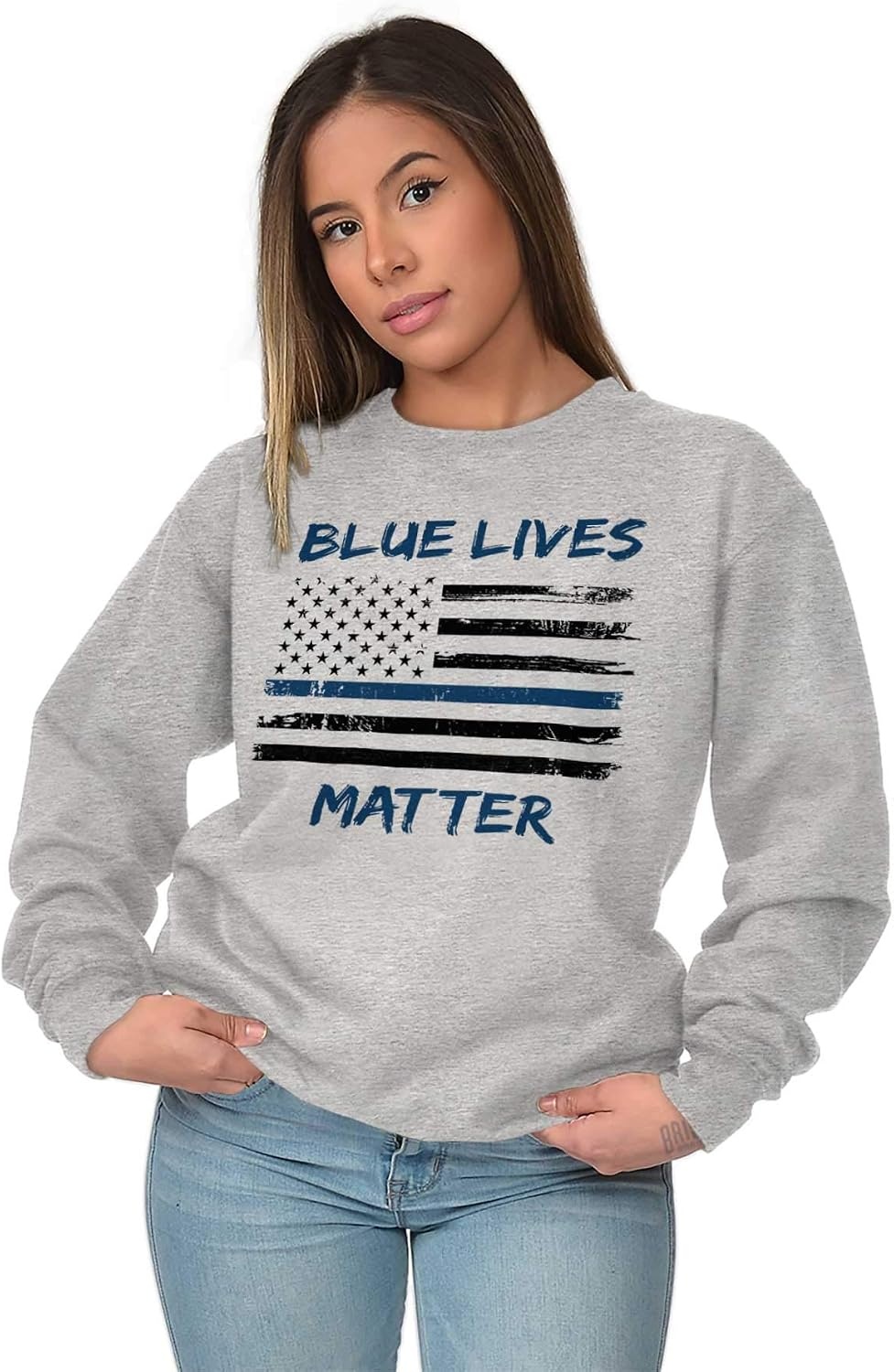 image:imageBrisco Brands Support Blue Line American Flag Sweatshirt for Men or WomenSport Grey