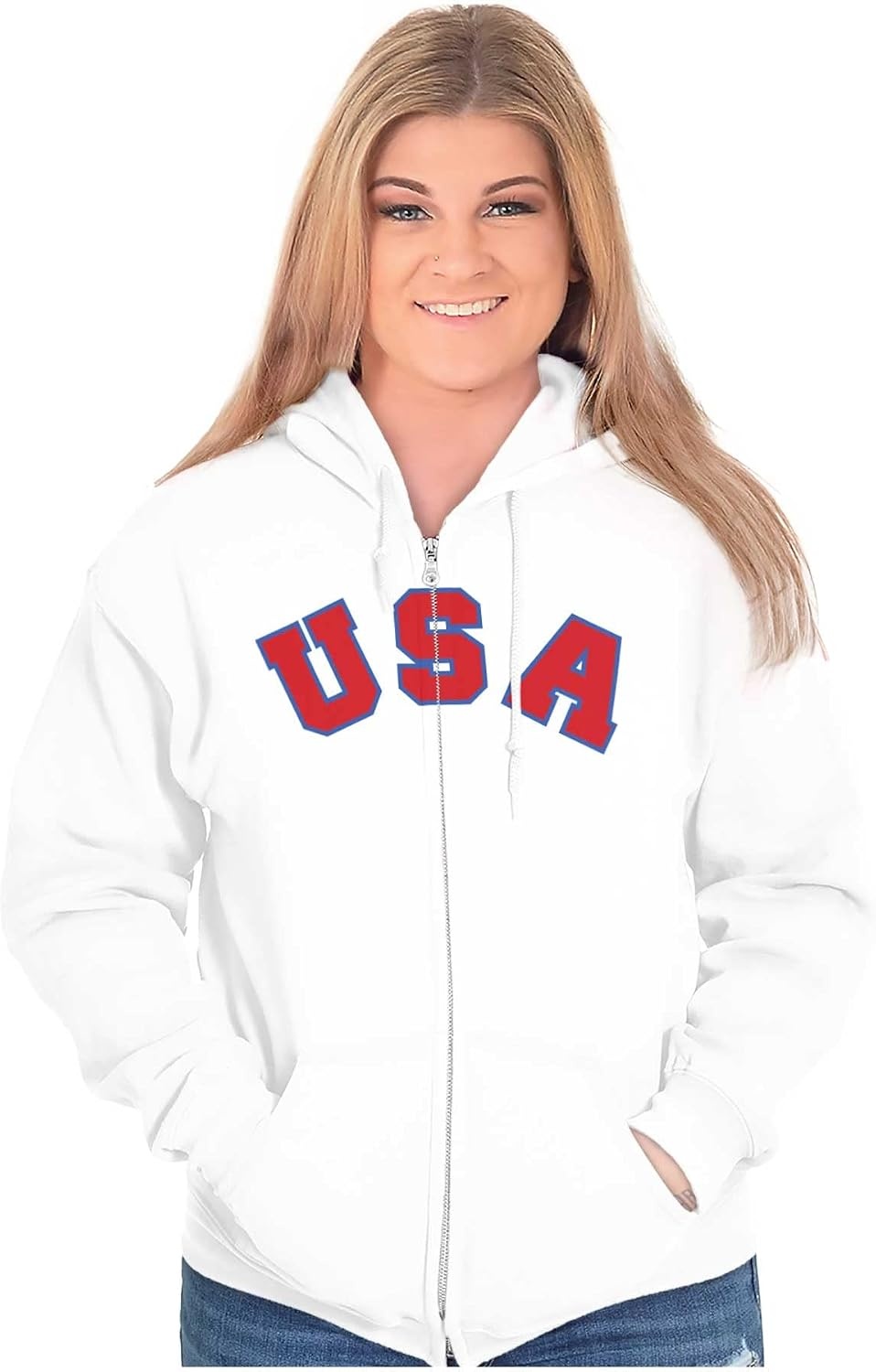 image:imageBrisco Brands USA United States Patriotic 4th July Zip Up Hoodie Mens WomensWhite