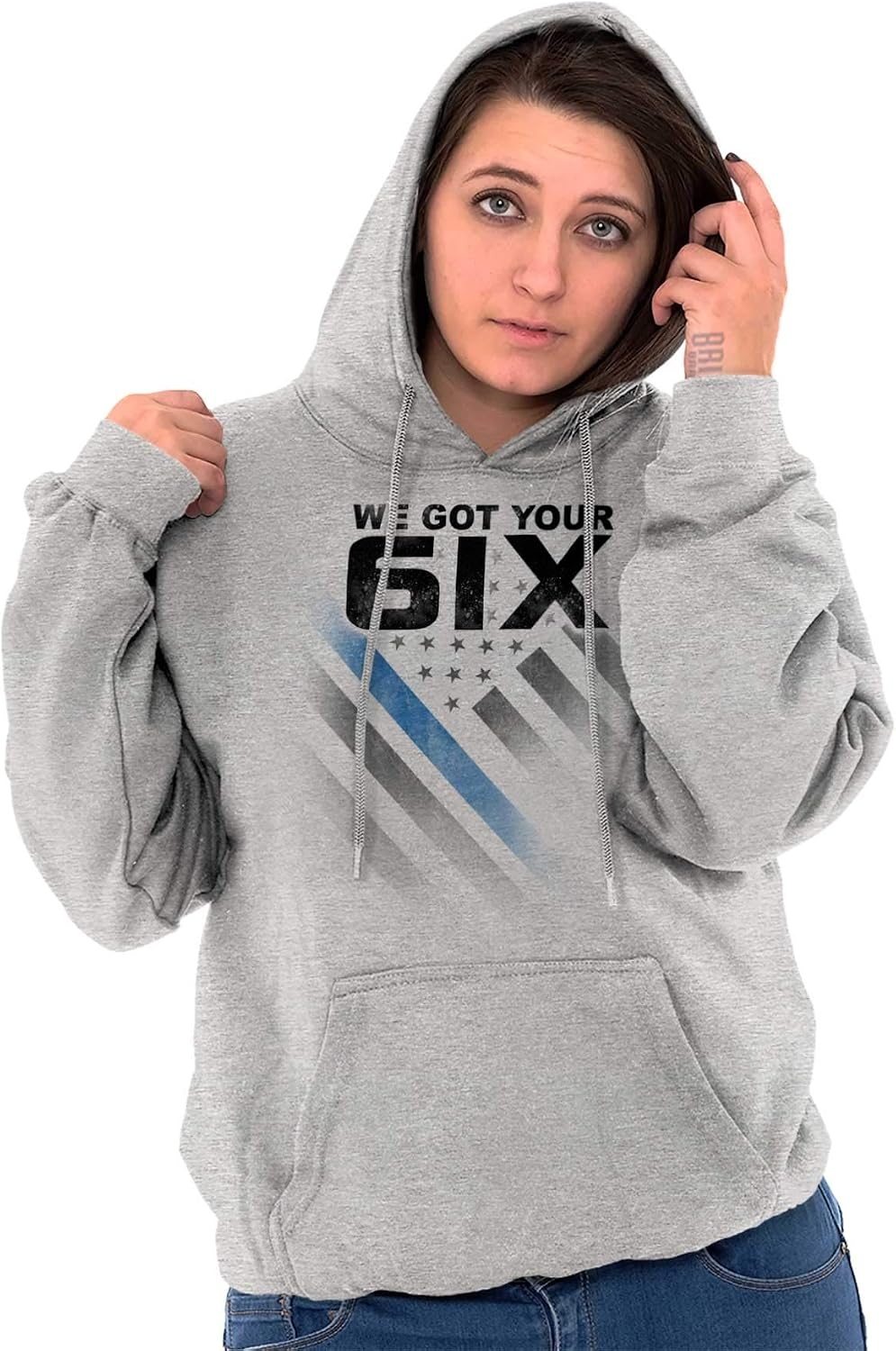 image:imageBrisco Brands We Got Your Six Blue Line USA Flag Hoodie Sweatshirt Women MenSport Grey