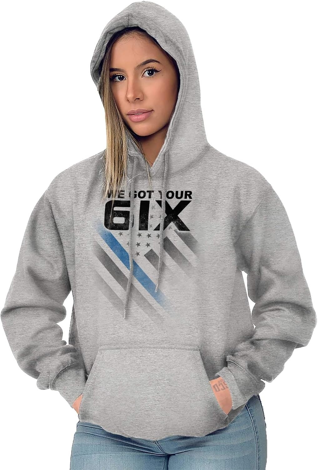 image:imageBrisco Brands We Got Your Six Blue Line USA Flag Hoodie Sweatshirt Women MenSport Grey