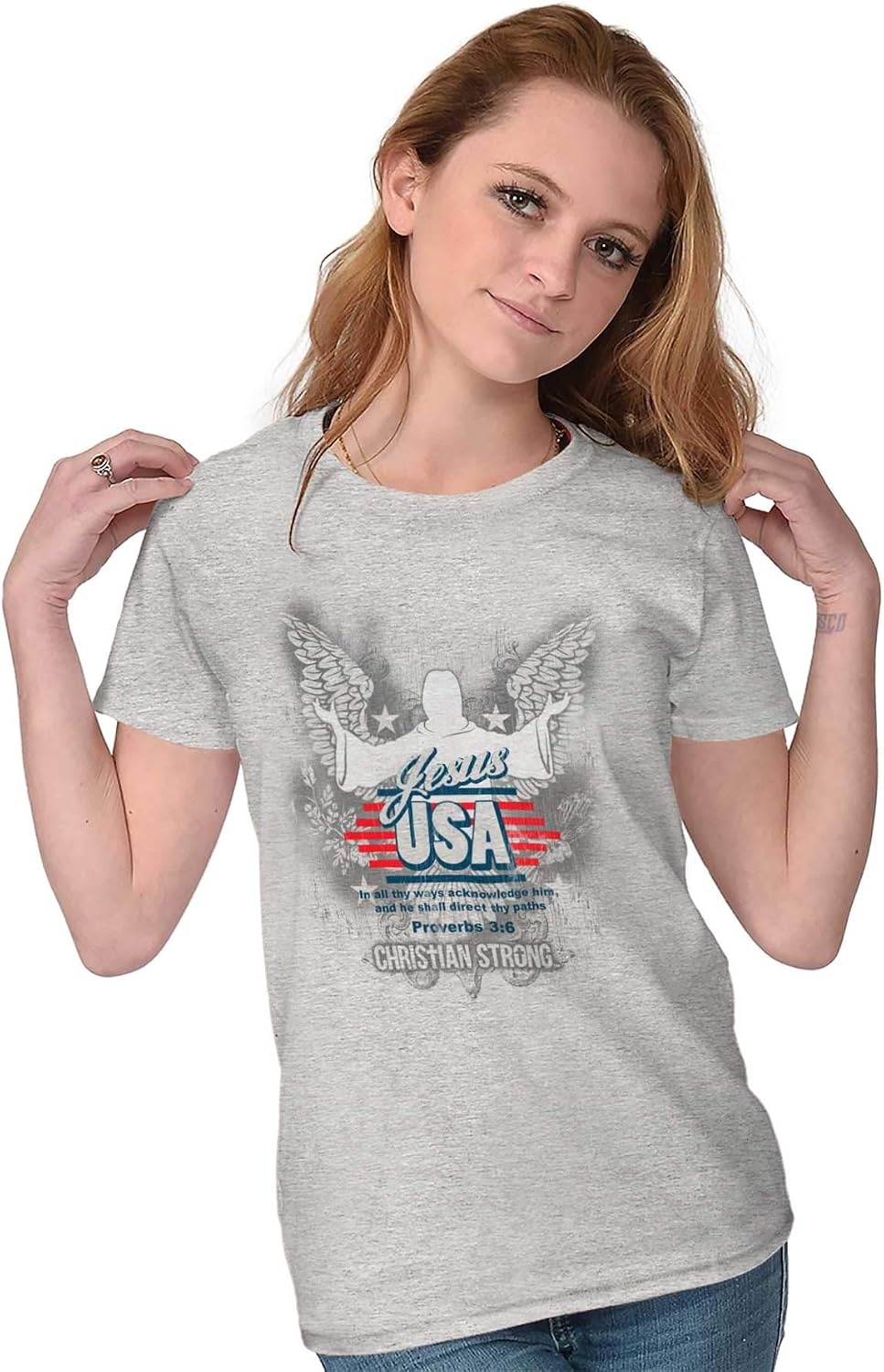 image:imageChristian Strong Jesus USA Proverbs Bible Verse Womens Slim Fit Graphic Tee Sport Grey