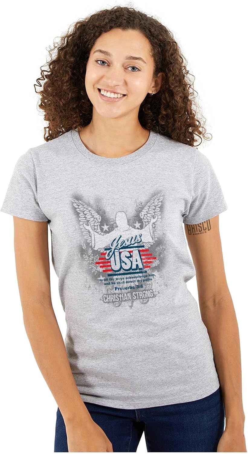 image:imageChristian Strong Jesus USA Proverbs Bible Verse Womens Slim Fit Graphic Tee Sport Grey