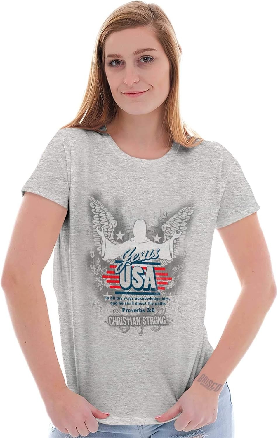 image:imageChristian Strong Jesus USA Proverbs Bible Verse Womens Slim Fit Graphic Tee Sport Grey