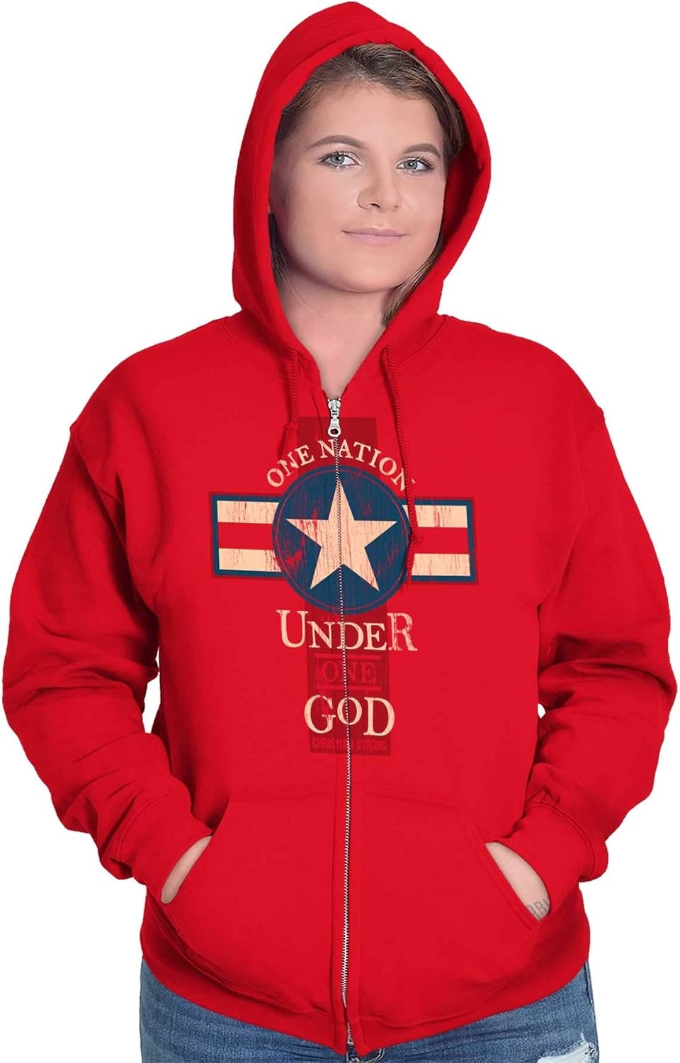 image:imageChristian Strong One Nation Under God Religious Zip Up Hoodie Mens WomensRed