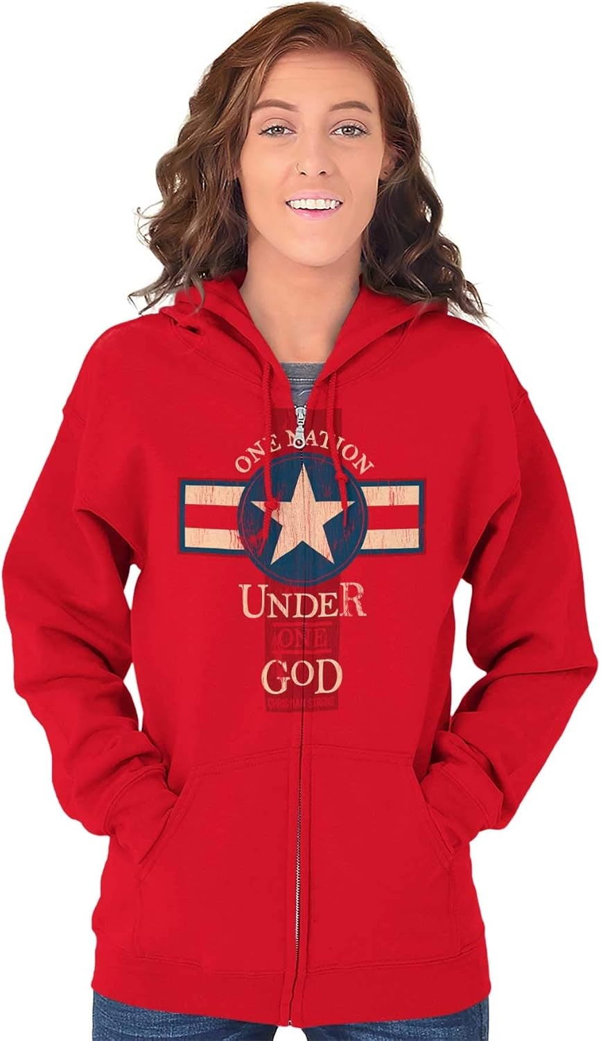 image:imageChristian Strong One Nation Under God Religious Zip Up Hoodie Mens WomensRed