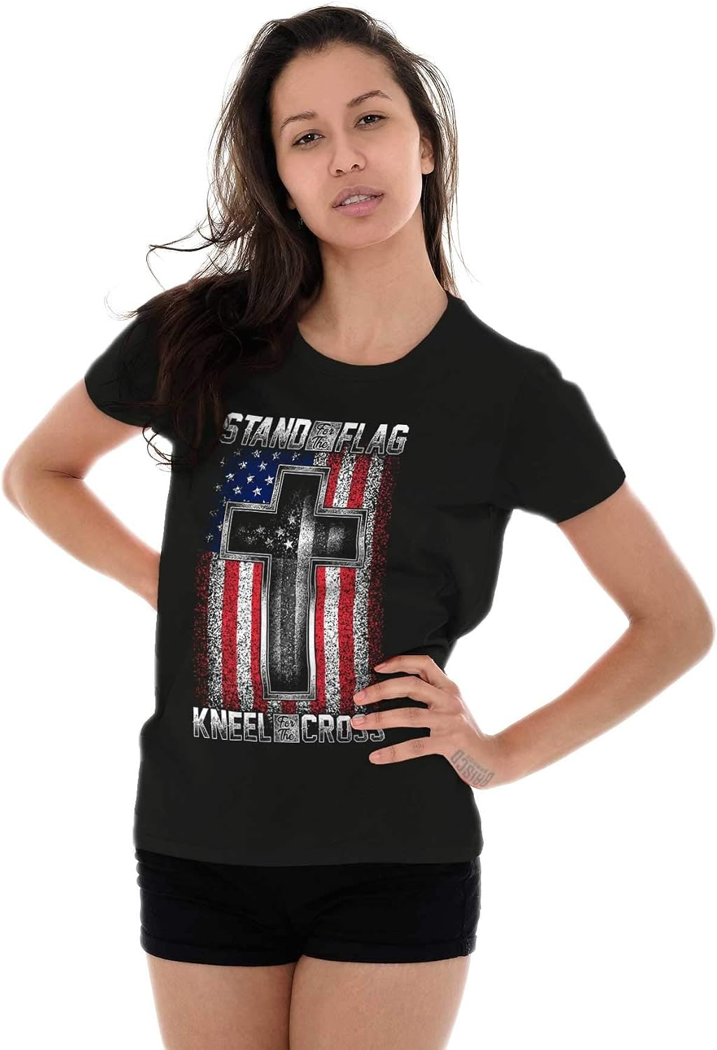 image:imageStand for Flag Kneel The Cross Womens Slim Fit Graphic TeeBlack