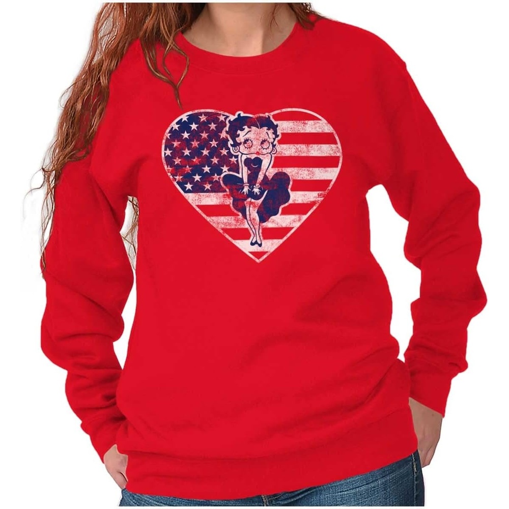 image:imageBrisco Brands Betty Boop Heart Patriotic Vintage Women Crewneck SweatshirtRed