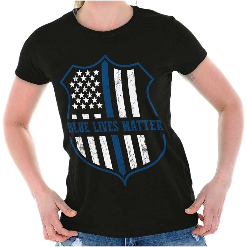 image:imageBrisco Brands Blue Line American Flag Police Badge Womens Slim Fit Graphic TeeBlack