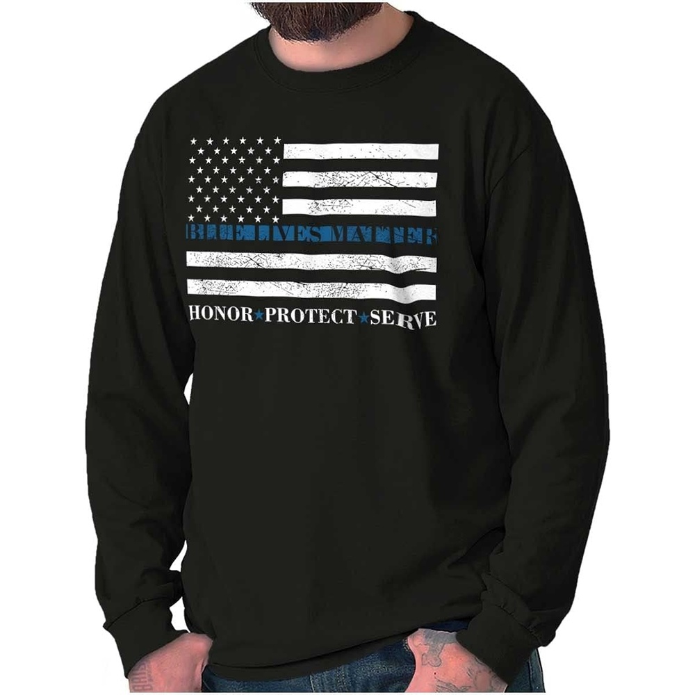 image:imageBrisco Brands Blue Line US Flag Honor Protect Serve Long Sleeve Tshirt Men WomenBlack