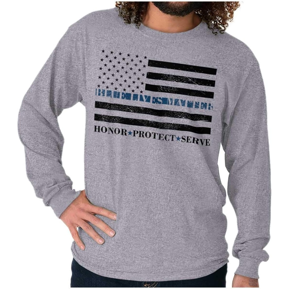 image:imageBrisco Brands Blue Line US Flag Honor Protect Serve Long Sleeve Tshirt Men WomenSport Grey