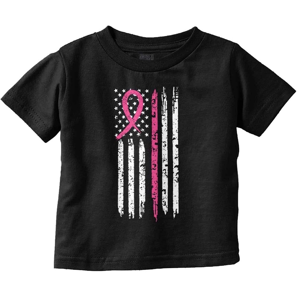 image:imageBrisco Brands Breast Cancer Pink Line American Flag Toddler Boy Girl T ShirtBlack