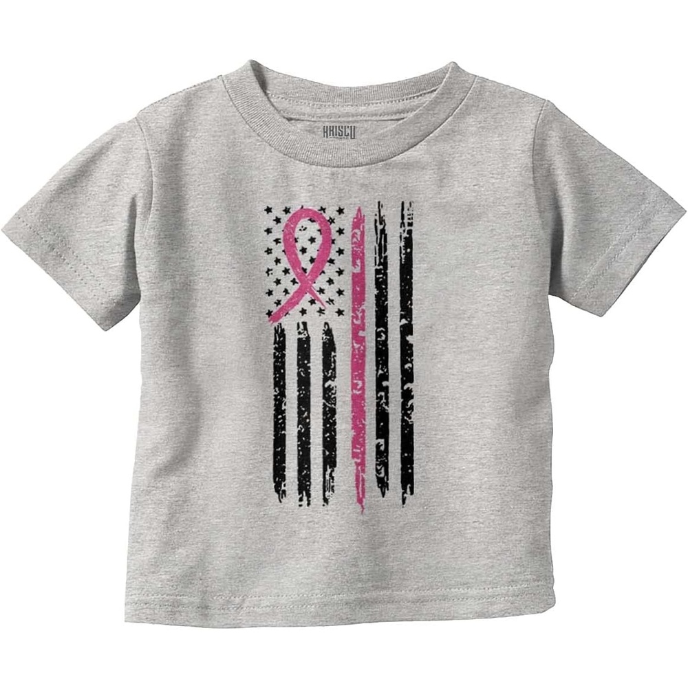 image:imageBrisco Brands Breast Cancer Pink Line American Flag Toddler Boy Girl T ShirtHeather