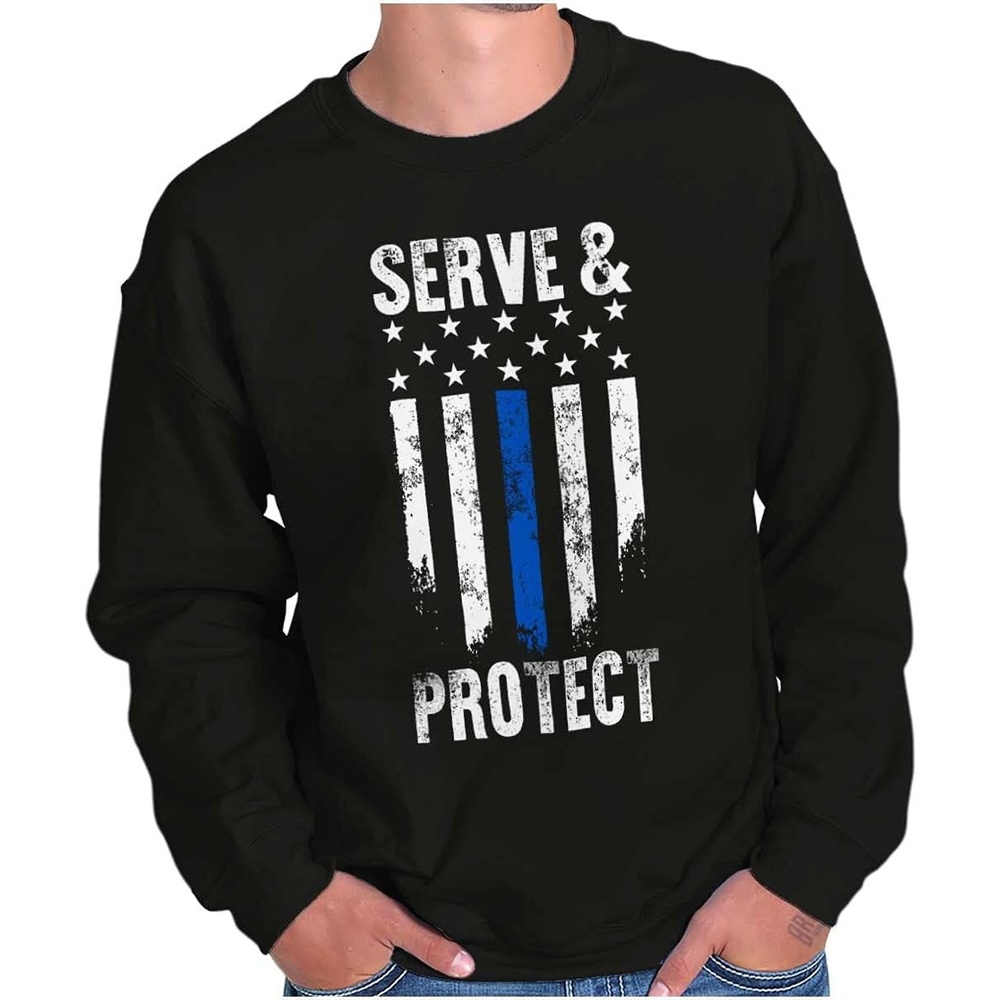 image:imageBrisco Brands Protect and Serve Blue Line USA Flag Sweatshirt for Men or WomenBlack
