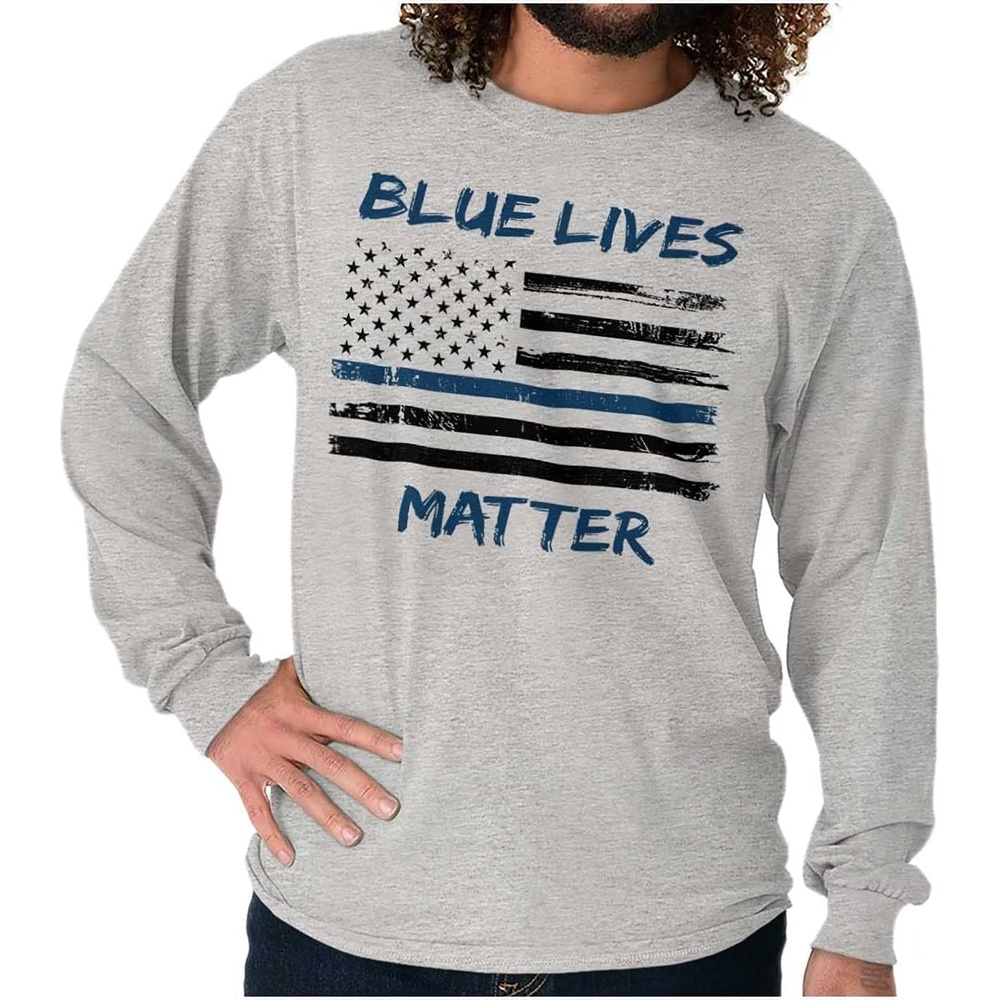 image:imageBrisco Brands Support Blue Line American Flag Long Sleeve Tshirt Men WomenSport Grey
