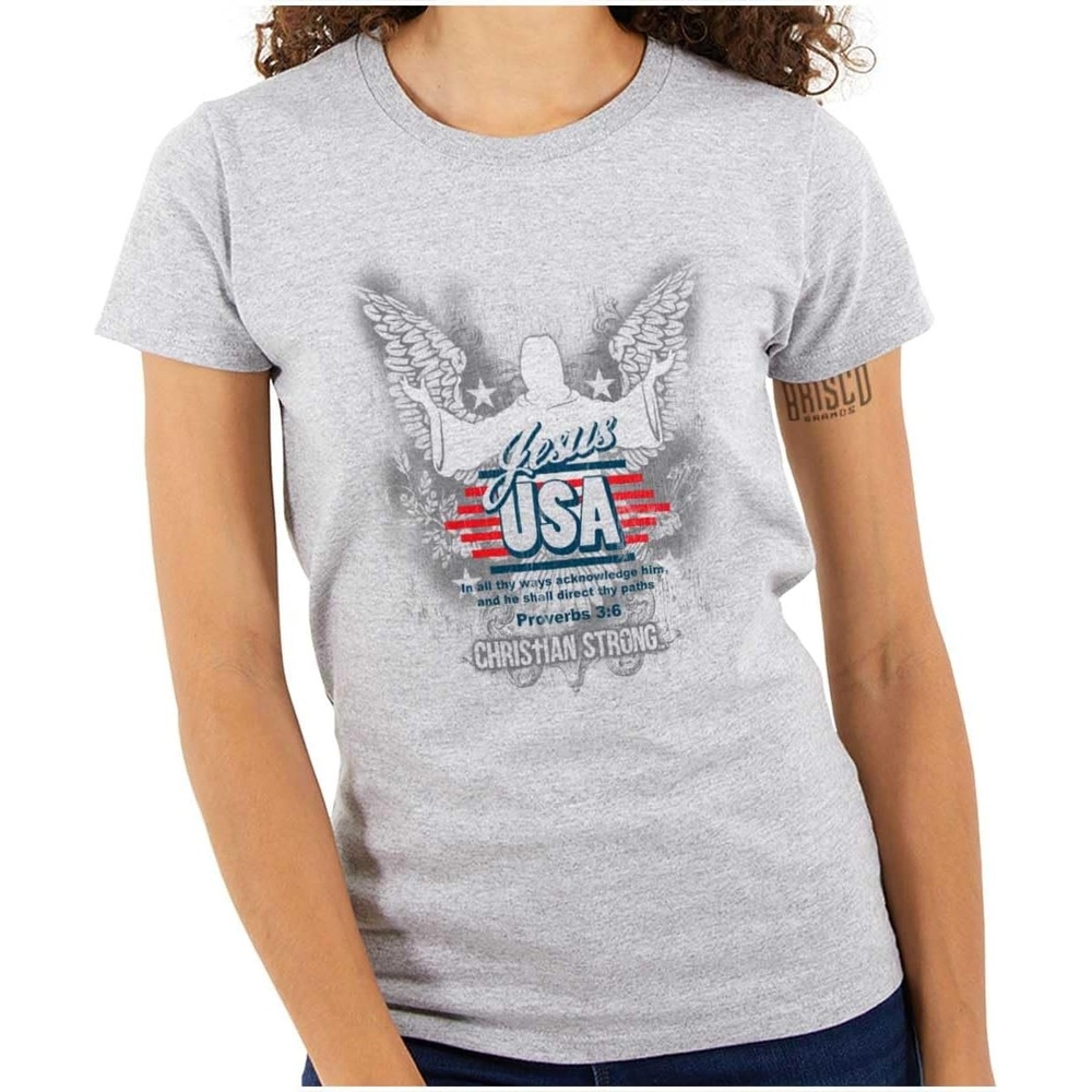 image:imageChristian Strong Jesus USA Proverbs Bible Verse Womens Slim Fit Graphic Tee Sport Grey