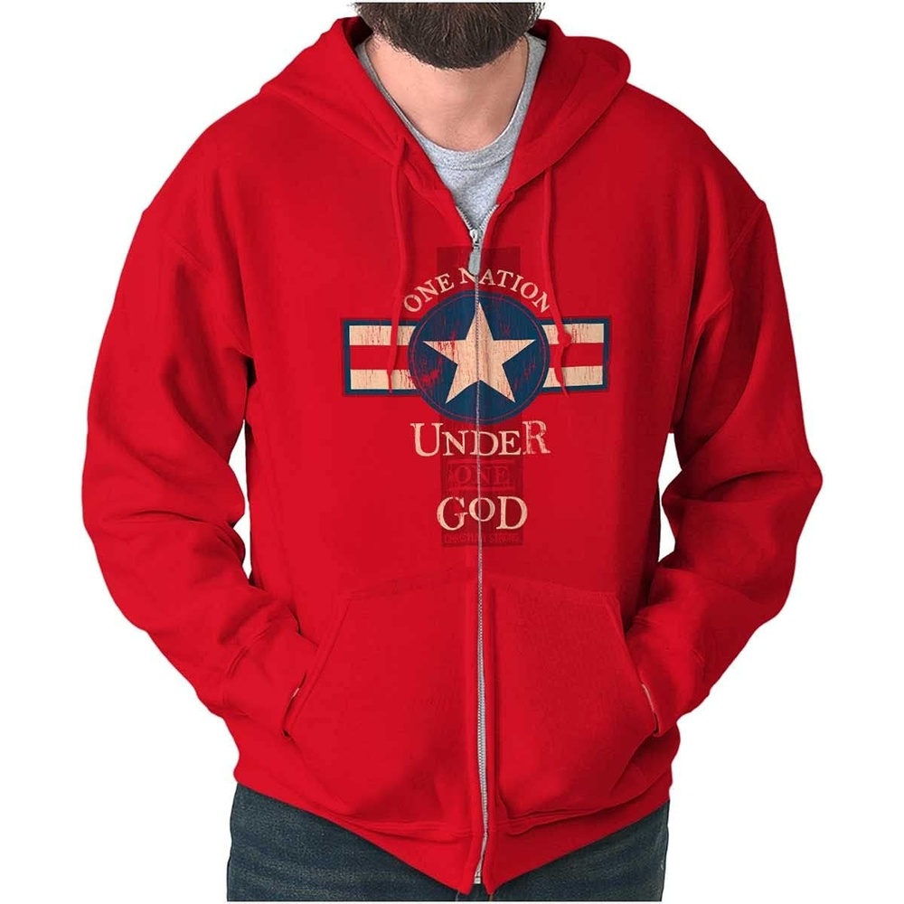 image:imageChristian Strong One Nation Under God Religious Zip Up Hoodie Mens WomensRed