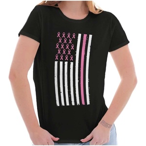 Brisco Brands Breast Cancer Pink Ribbon USA Flag Womens Slim Fit Graphic Tee(Black)