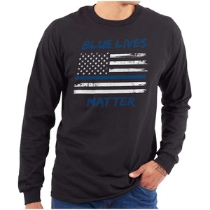 Brisco Brands Support Blue Line American Flag Long Sleeve Tshirt Men Women(Black)