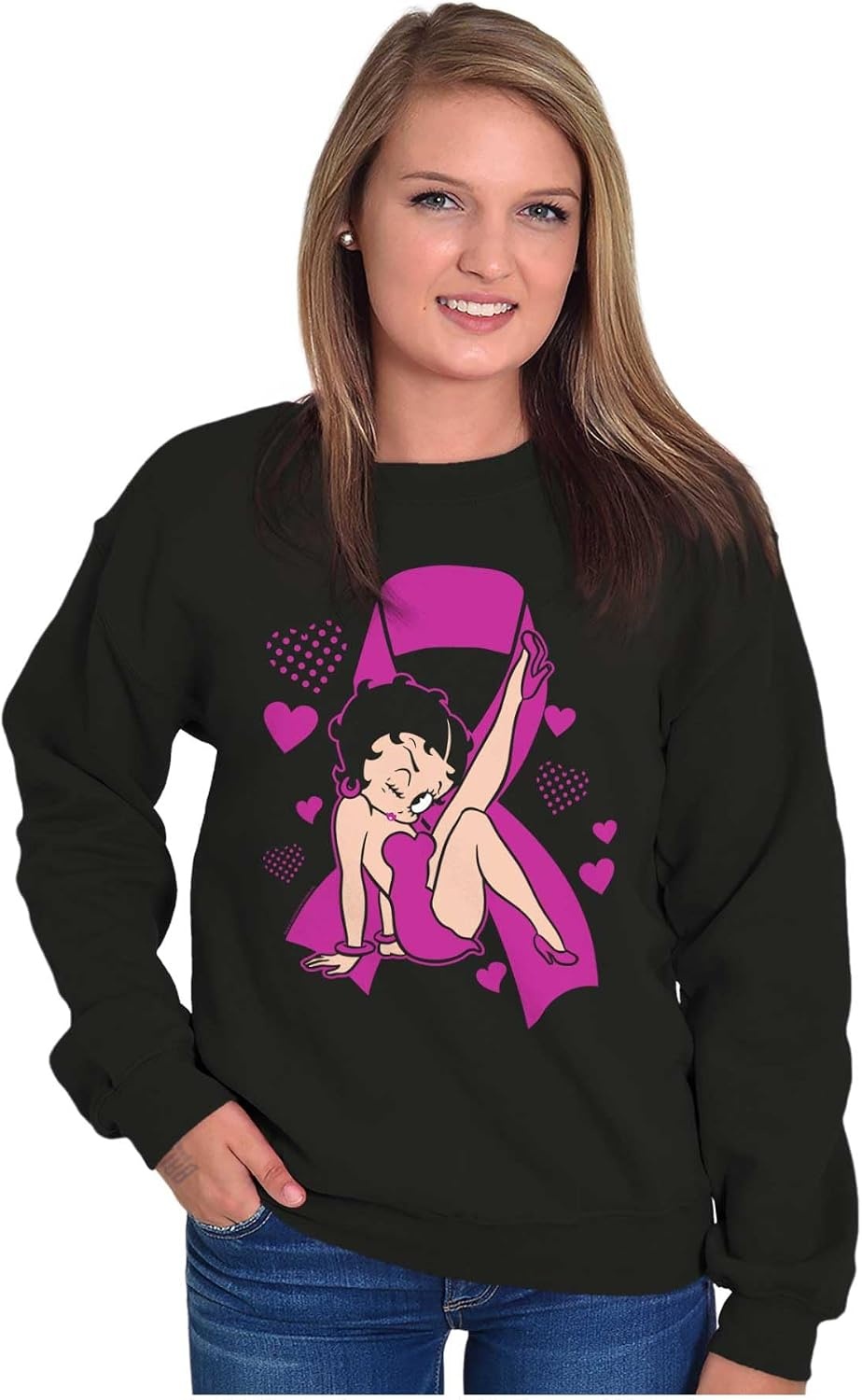 image:imageBetty Boop Breast Cancer Pink Ribbon Women Crewneck SweatshirtBlack