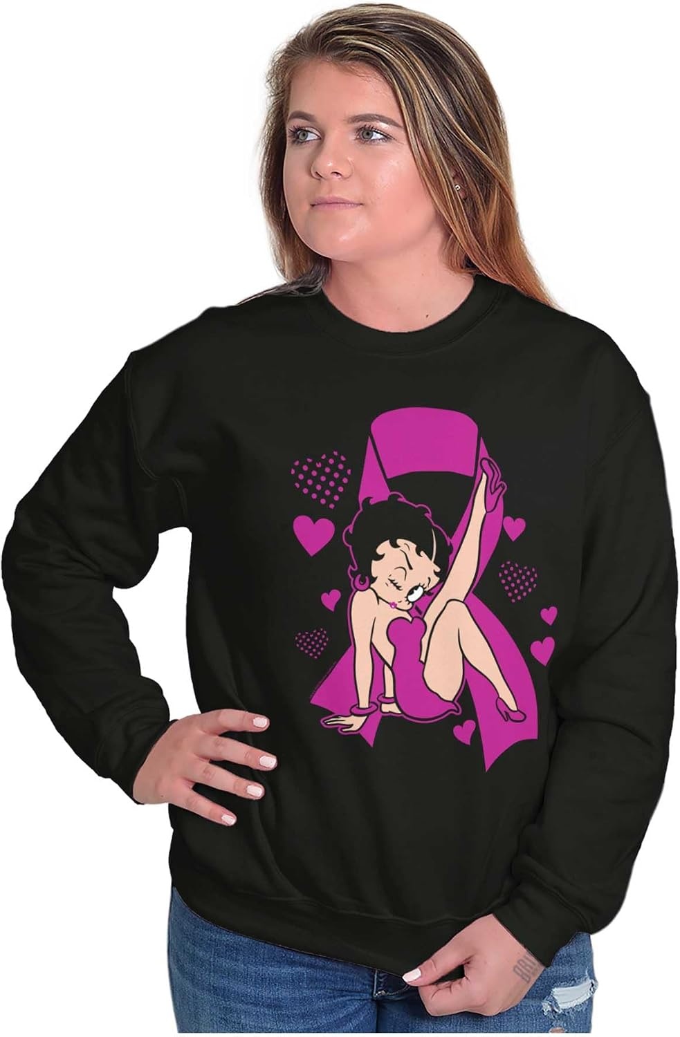 image:imageBetty Boop Breast Cancer Pink Ribbon Women Crewneck SweatshirtBlack