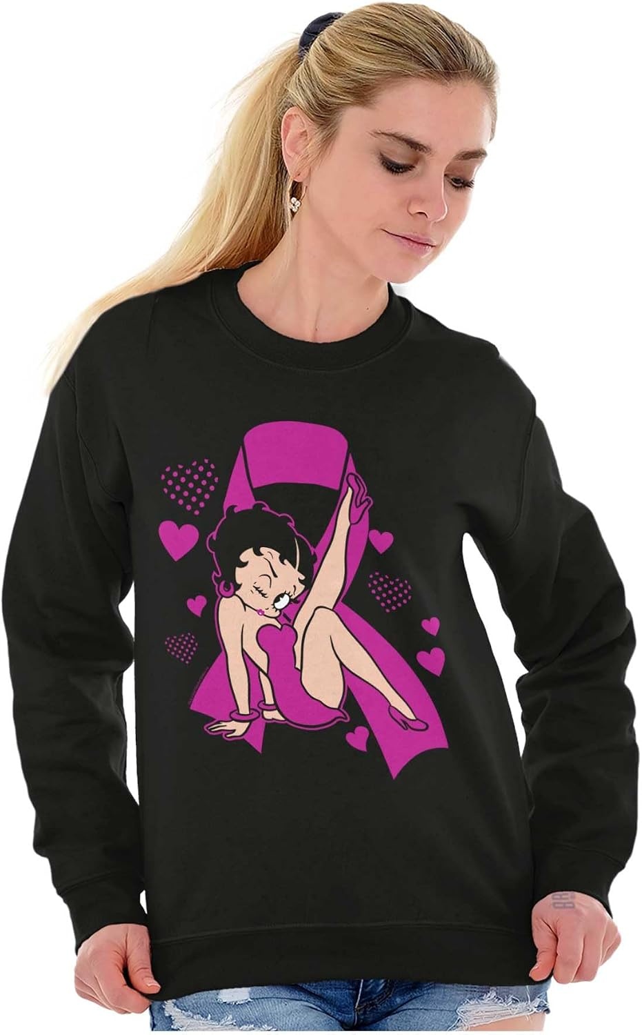 image:imageBetty Boop Breast Cancer Pink Ribbon Women Crewneck SweatshirtBlack