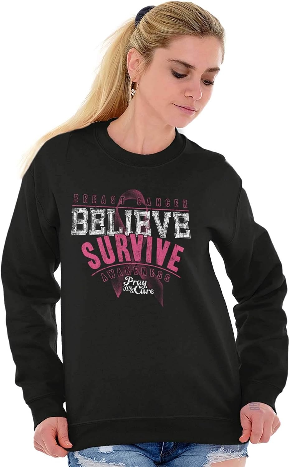 image:imageBreast Cancer Believe Survive Aware Women Crewneck SweatshirtBlack