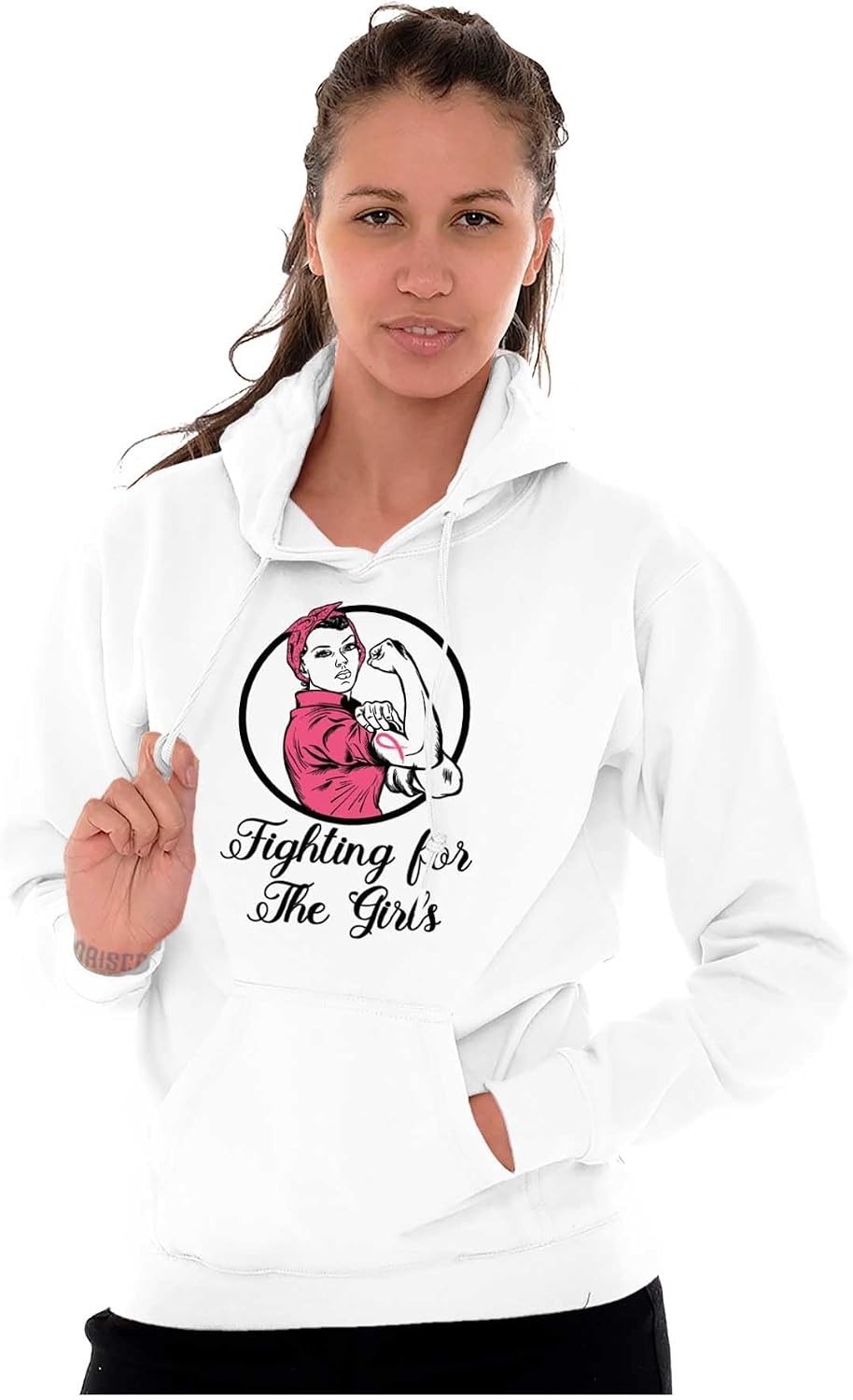 image:imageBreast Cancer Fighter Rosie Riveter Hoodie Sweatshirt WomenWhite