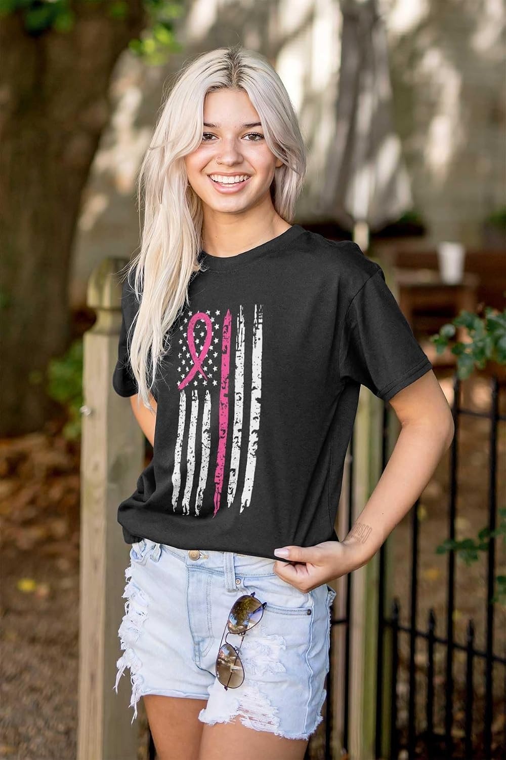 image:imageBreast Cancer Pink Line American Flag Graphic T Shirt Men or WomenBlack