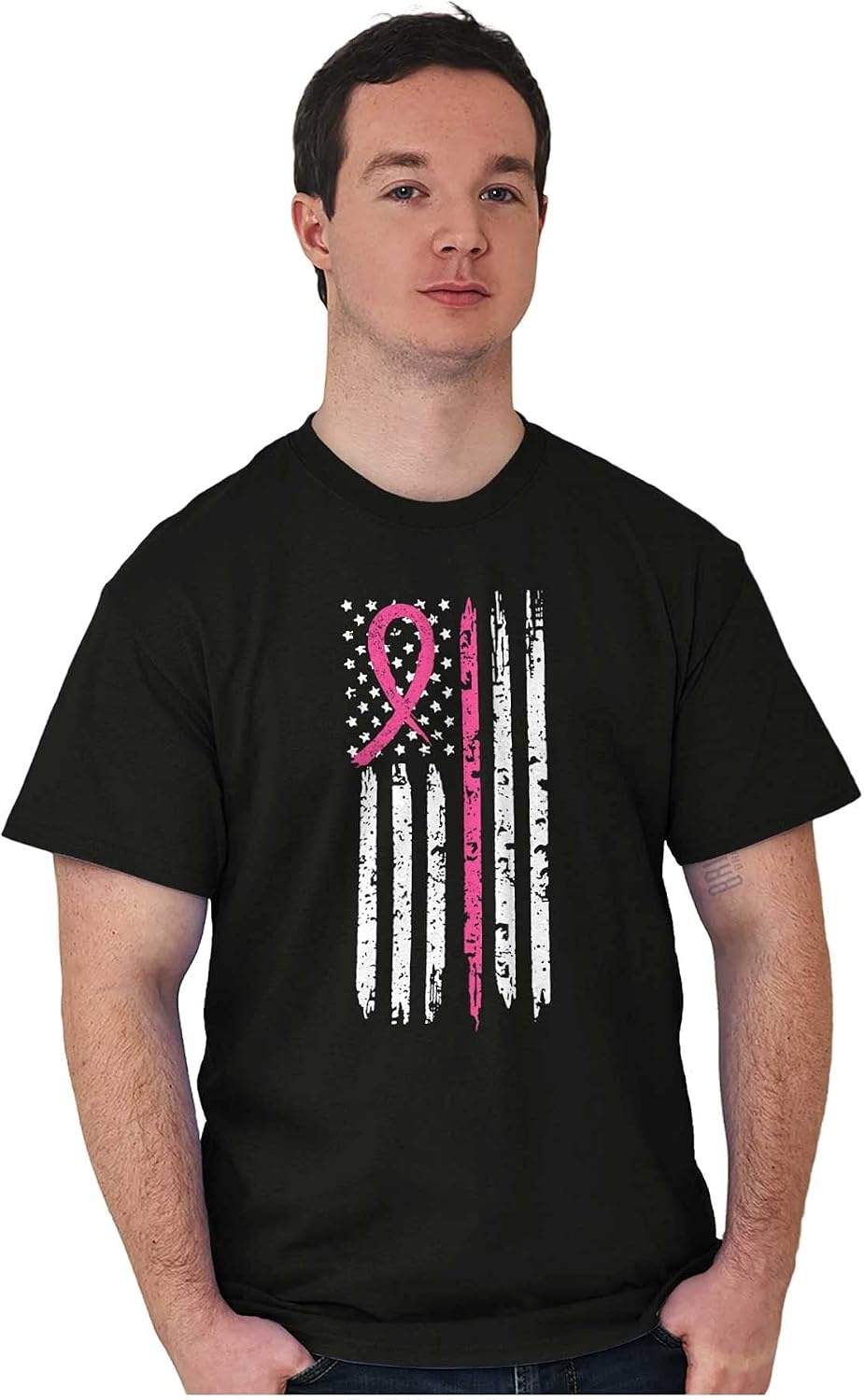 image:imageBreast Cancer Pink Line American Flag Graphic T Shirt Men or WomenBlack
