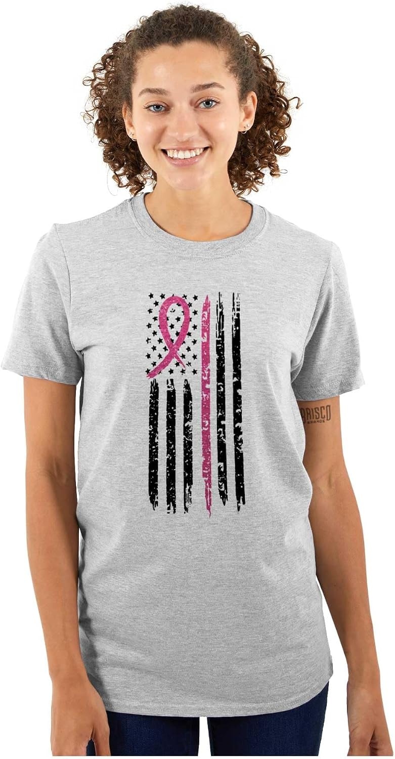 image:imageBreast Cancer Pink Line American Flag Graphic T Shirt Men or WomenSport Grey