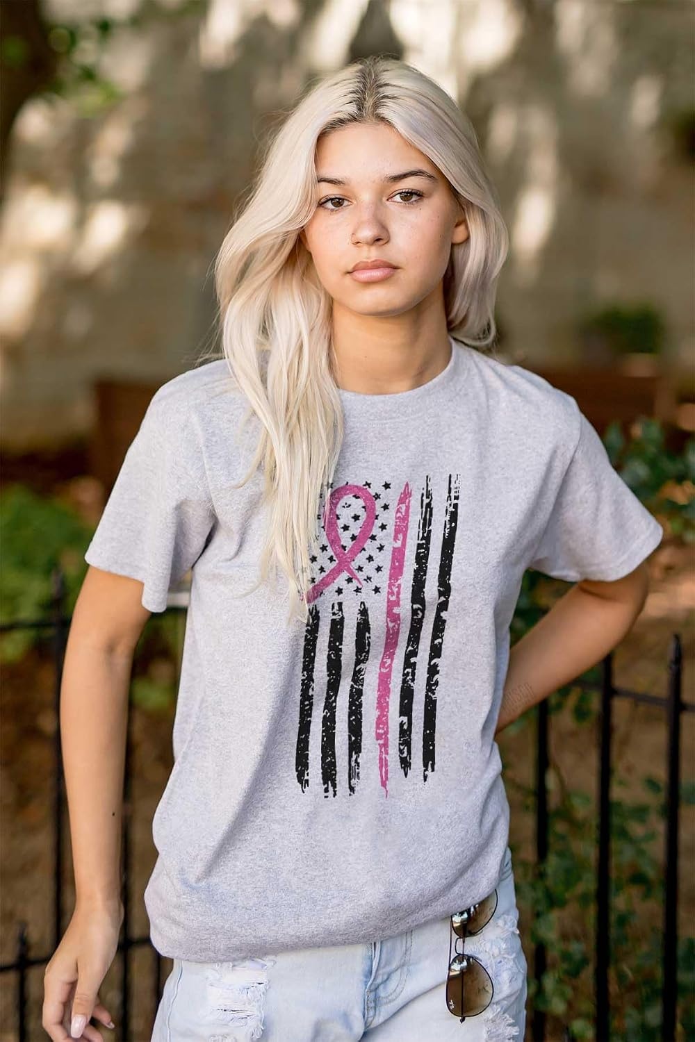 image:imageBreast Cancer Pink Line American Flag Graphic T Shirt Men or WomenSport Grey