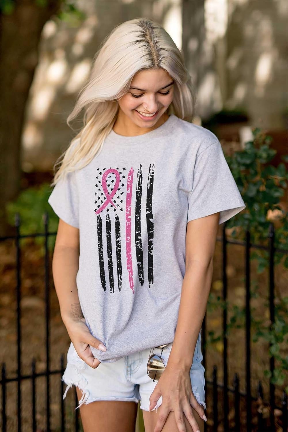 image:imageBreast Cancer Pink Line American Flag Graphic T Shirt Men or WomenSport Grey
