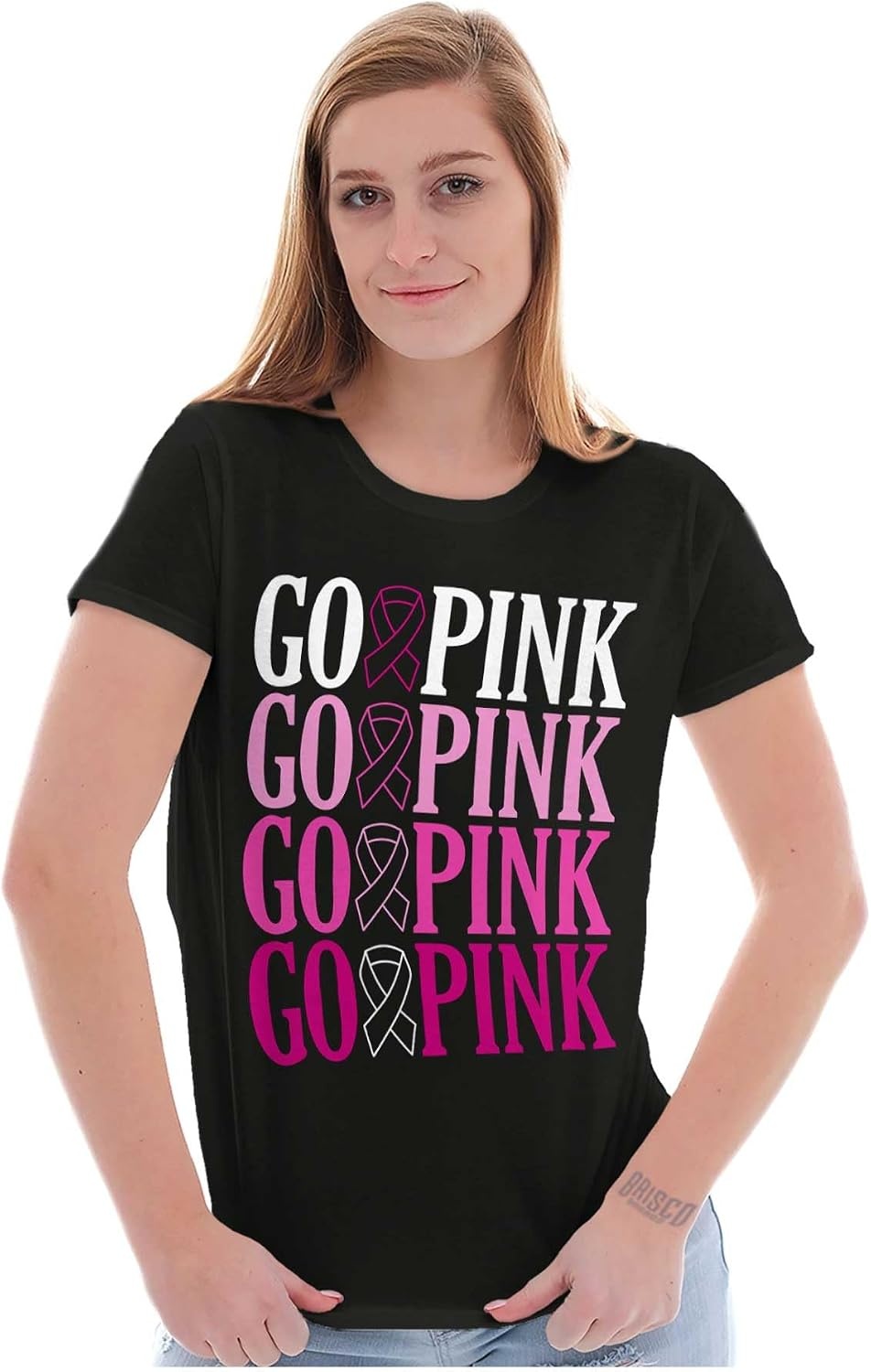image:imageBrisco Brands Breast Cancer Go Pink Ribbon Gradient Womens Slim Fit Graphic TeeBlack