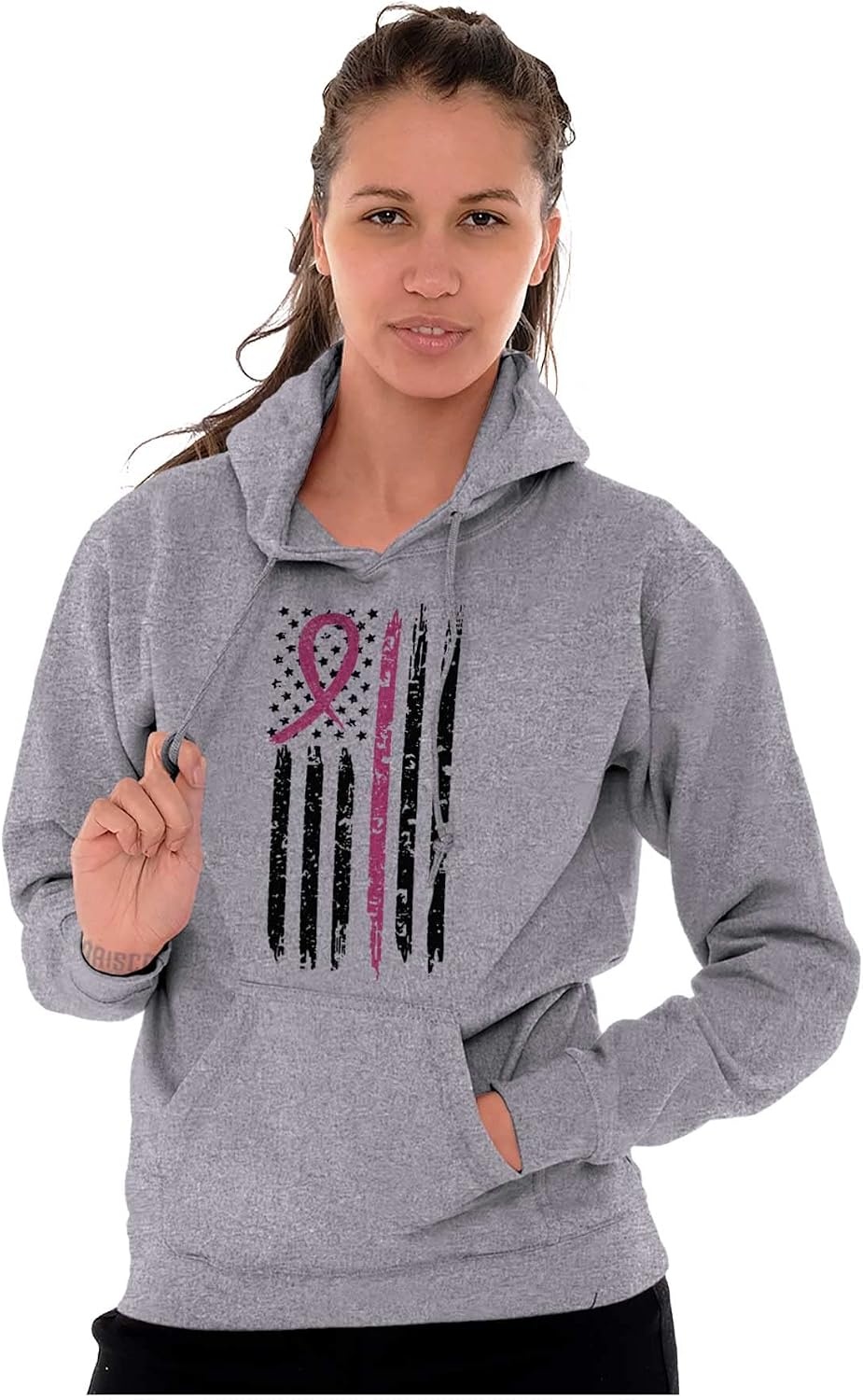 image:imageBrisco Brands Breast Cancer Pink Line American Flag Hoodie Sweatshirt Women MenSport Grey
