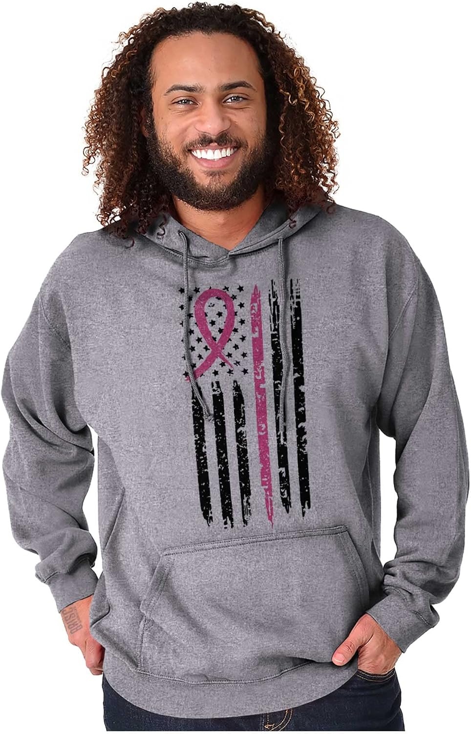 image:imageBrisco Brands Breast Cancer Pink Line American Flag Hoodie Sweatshirt Women MenSport Grey