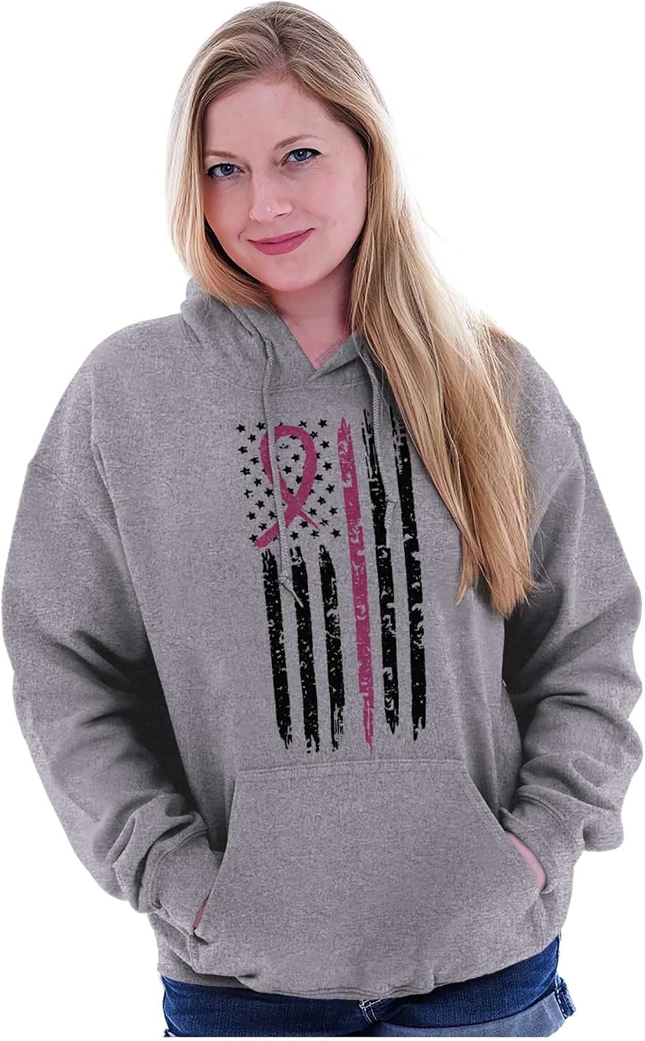 image:imageBrisco Brands Breast Cancer Pink Line American Flag Hoodie Sweatshirt Women MenSport Grey