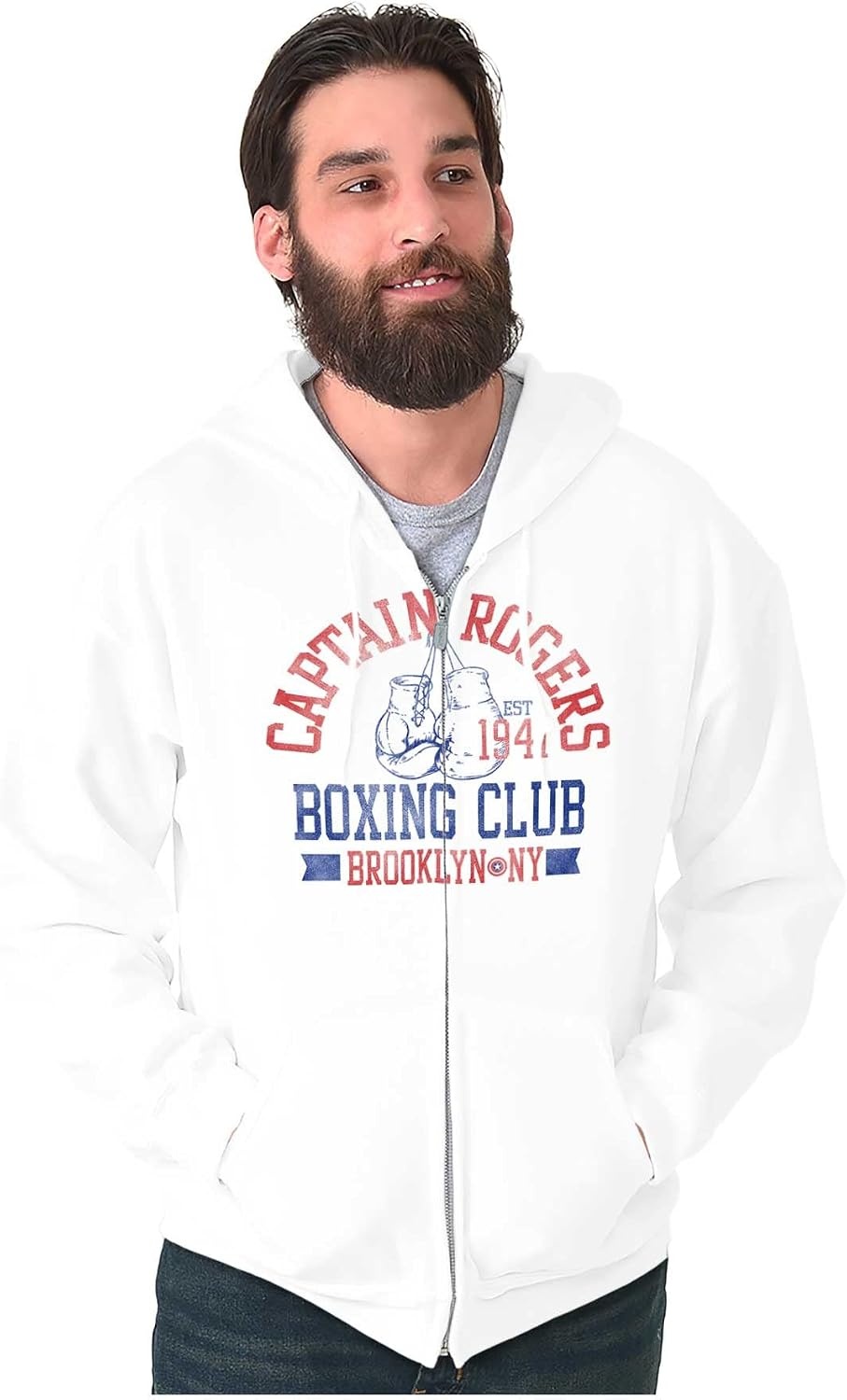 image:imageBrisco Brands Captain Rogers 1941 Boxing Club NY Zip Up Hoodie Mens WomensWhite