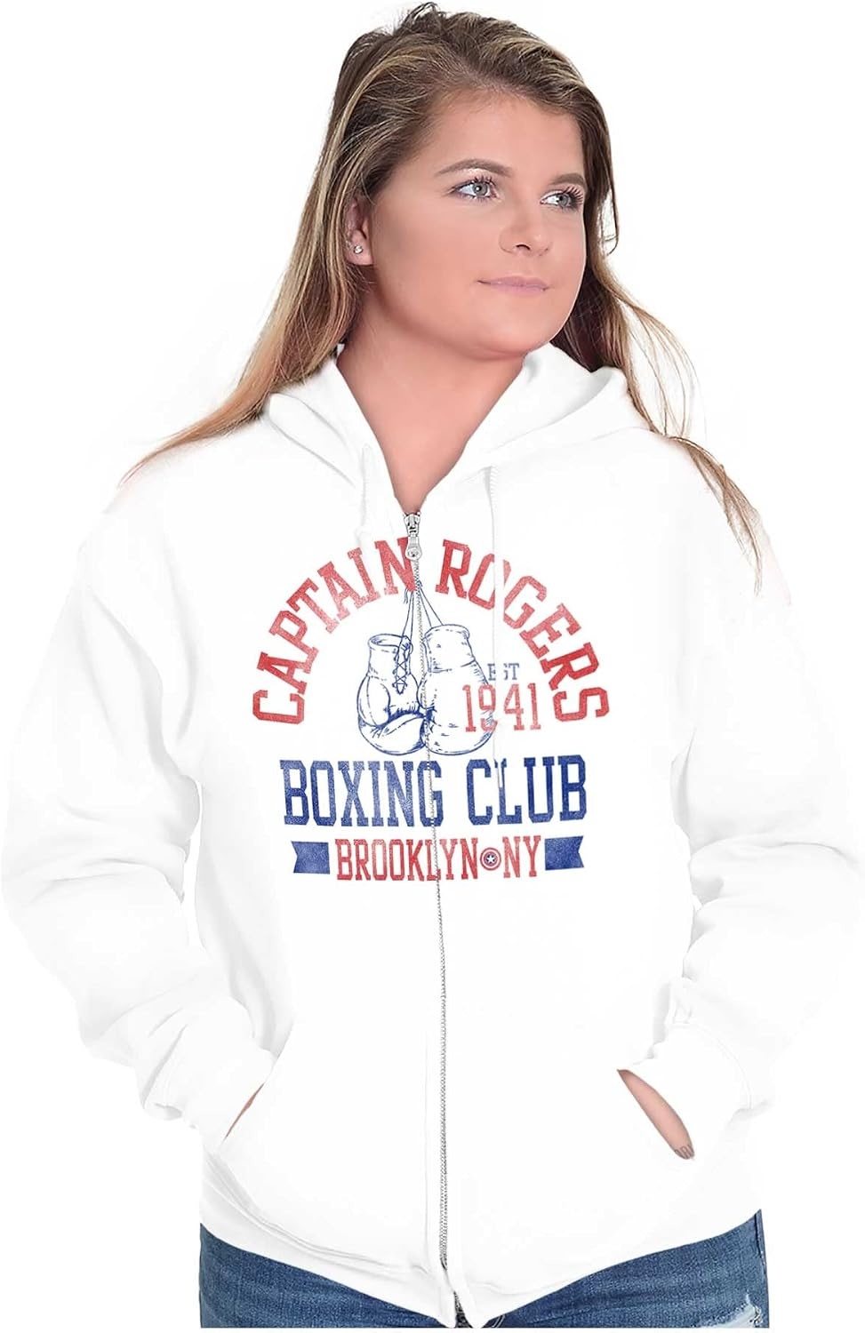 image:imageBrisco Brands Captain Rogers 1941 Boxing Club NY Zip Up Hoodie Mens WomensWhite