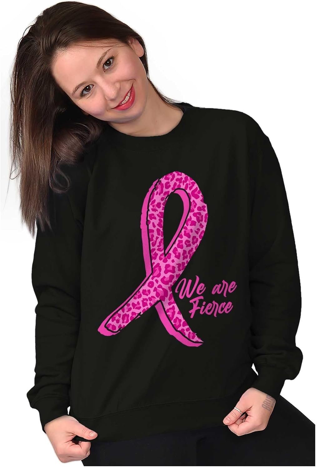image:imageBrisco Brands Cheetah Pink Ribbon We Are Fierce Women Crewneck SweatshirtBlack
