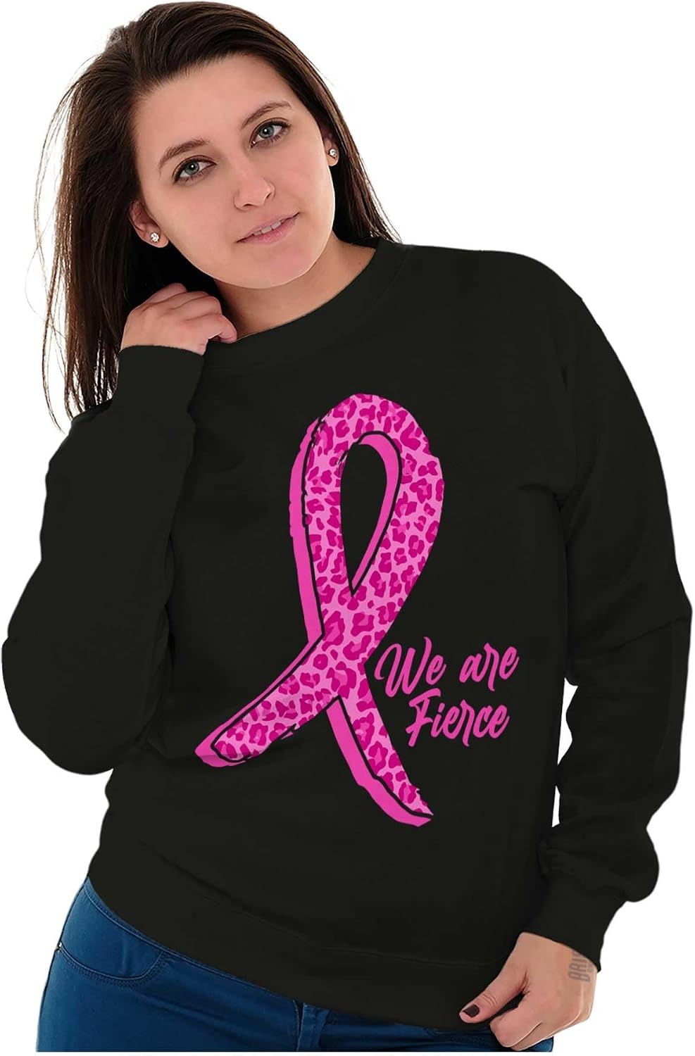 image:imageBrisco Brands Cheetah Pink Ribbon We Are Fierce Women Crewneck SweatshirtBlack