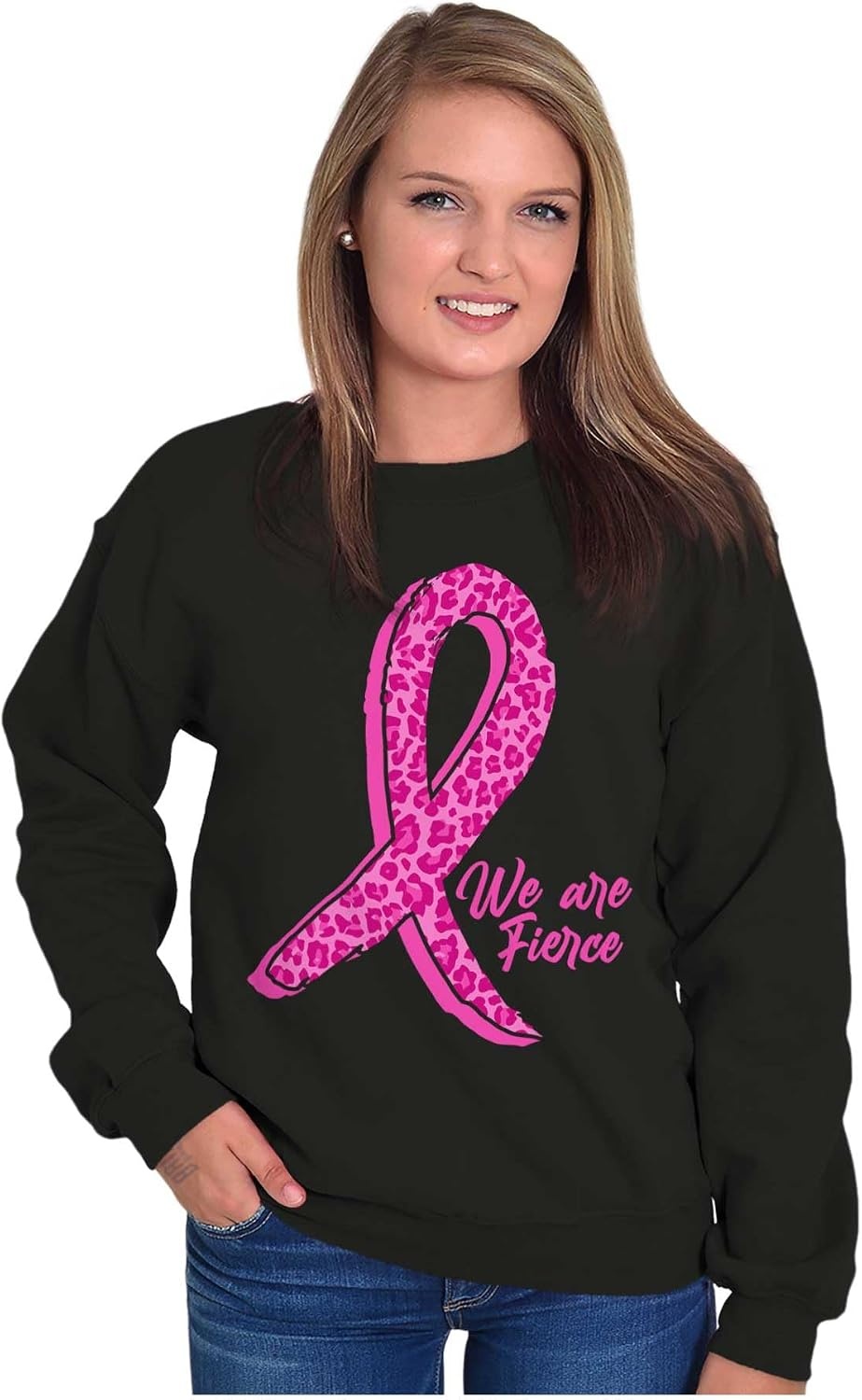 image:imageBrisco Brands Cheetah Pink Ribbon We Are Fierce Women Crewneck SweatshirtBlack