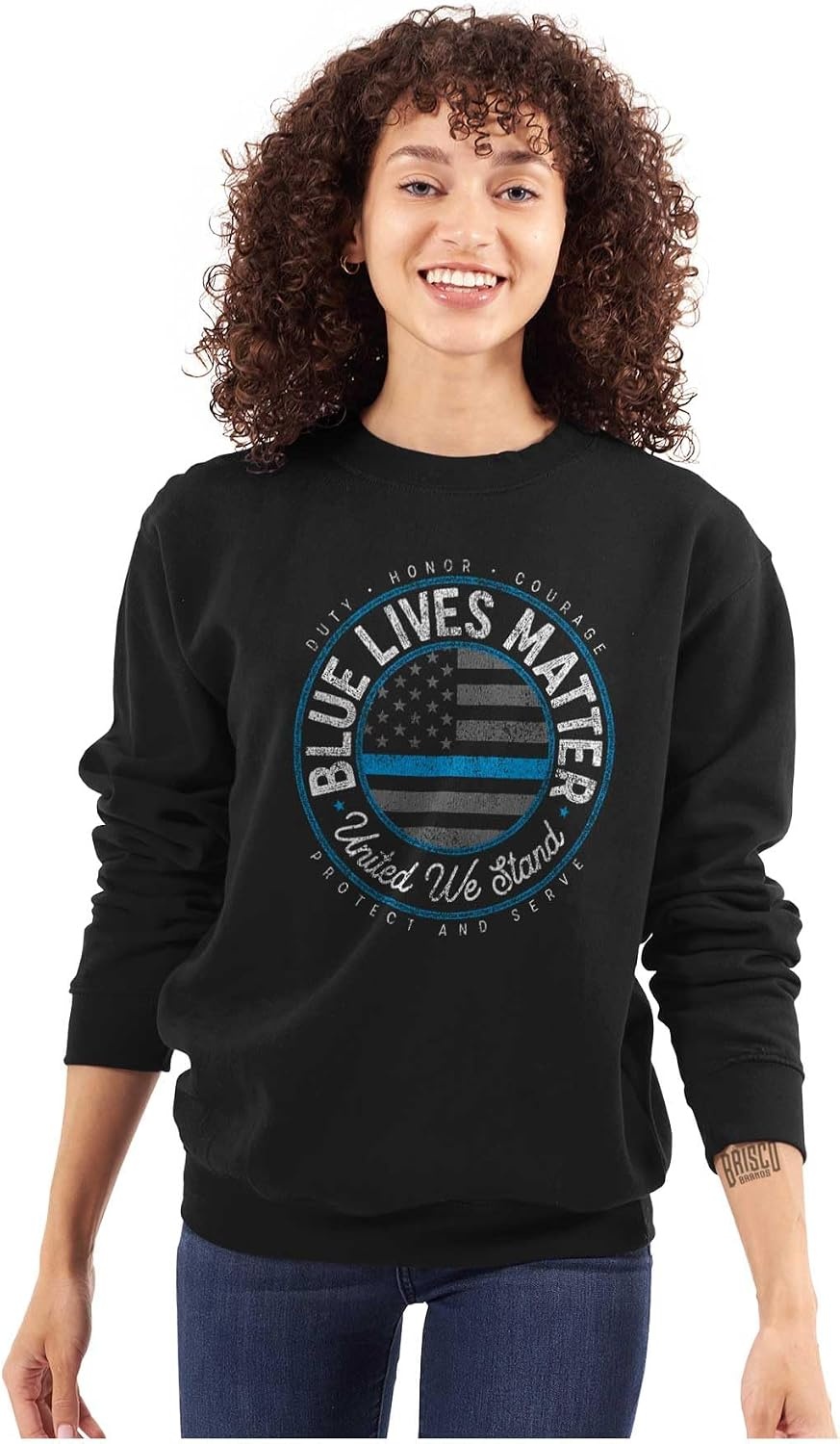 image:imageBrisco Brands United We Stand Blue Line USA Flag Sweatshirt for Men or WomenBlack